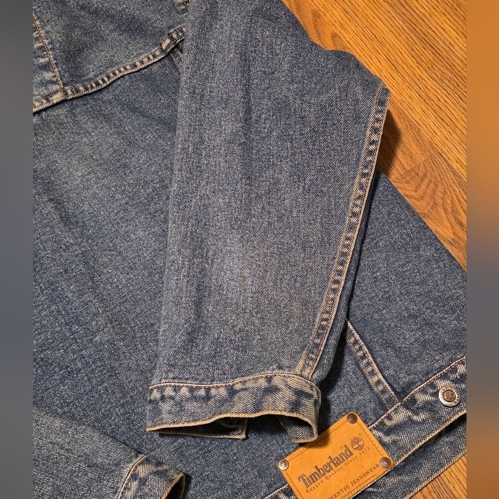 Vintage Timberland Weather gear 90s Denim Jean Jacket Mens L Rugged Workwear E16 - Picture 13 of 16